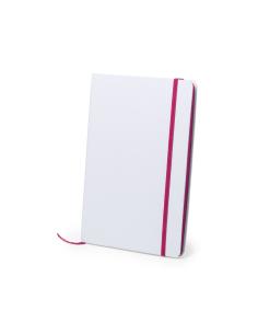 Libreta A5 con tapa de cartón blanco Bergen con marca-páginas y banda elástica en colores PERSONALIZABLE