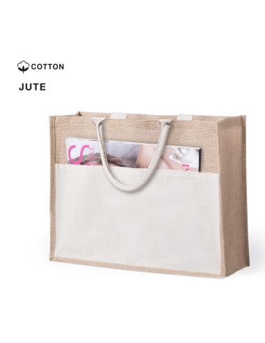 Bolsa de yute Torremolinos con bolsillo de algodón, fuelle y asas cortas PERSONALIZABLE