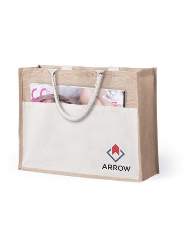 Bolsa de yute Torremolinos con bolsillo de algodón, fuelle y asas cortas PERSONALIZABLE