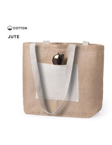 Bolsa Manila de yute y algodón con bolsillo frontal y asas largas natur PERSONALIZABLE