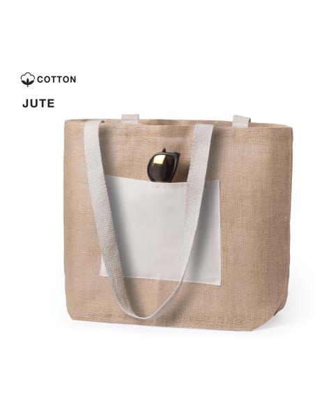 Bolsa Manila de yute y algodón con bolsillo frontal y asas largas natur PERSONALIZABLE