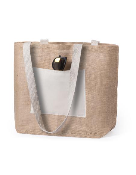 Bolsa Manila de yute y algodón con bolsillo frontal y asas largas natur PERSONALIZABLE