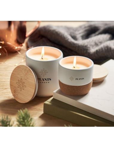 Vela vegetal Seongnam en tarro de gres con base de corcho y tapa de bambú PERSONALIZABLE