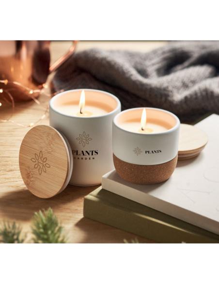 Vela vegetal Seongnam en tarro de gres con base de corcho y tapa de bambú PERSONALIZABLE