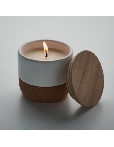 Vela vegetal Seongnam en tarro de gres con base de corcho y tapa de bambú PERSONALIZABLE
