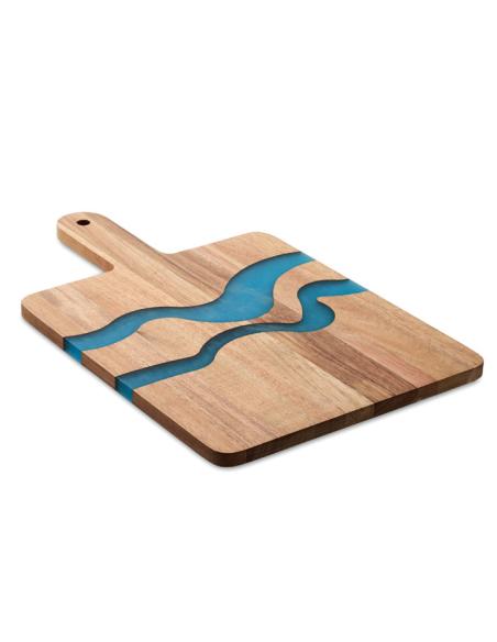 Tabla de cocina de madera Wolfsburg con asa y detalle azul PERSONALIZABLE