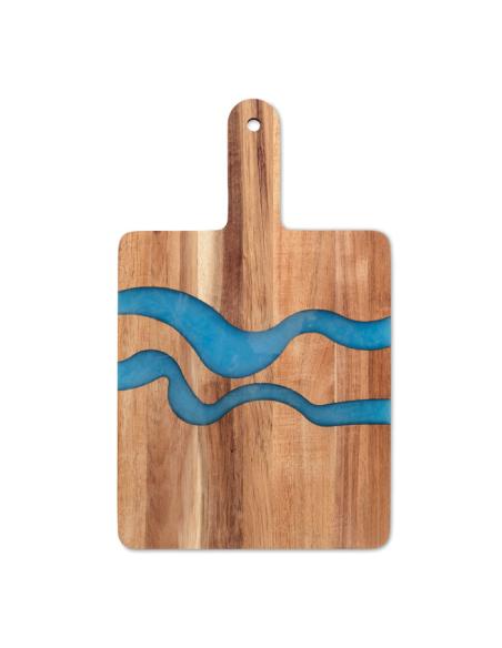 Tabla de cocina de madera Wolfsburg con asa y detalle azul PERSONALIZABLE