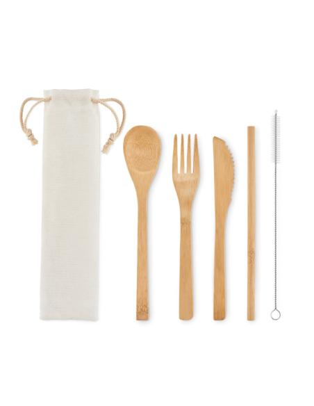 Set de cubiertos reutilizables de bambú Samobor con pajita PERSONALIZABLE