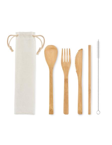 Set de cubiertos reutilizables de bambú Samobor con pajita PERSONALIZABLE