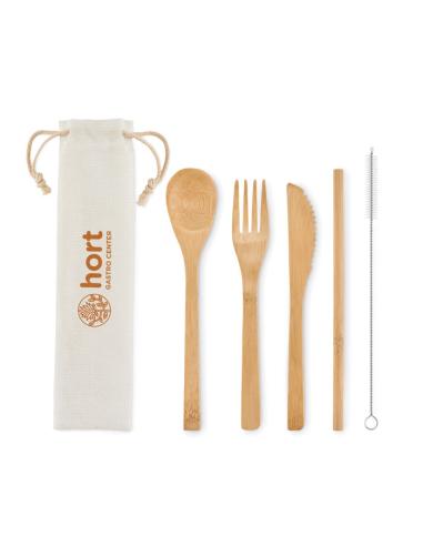Set de cubiertos reutilizables de bambú Samobor con pajita PERSONALIZABLE