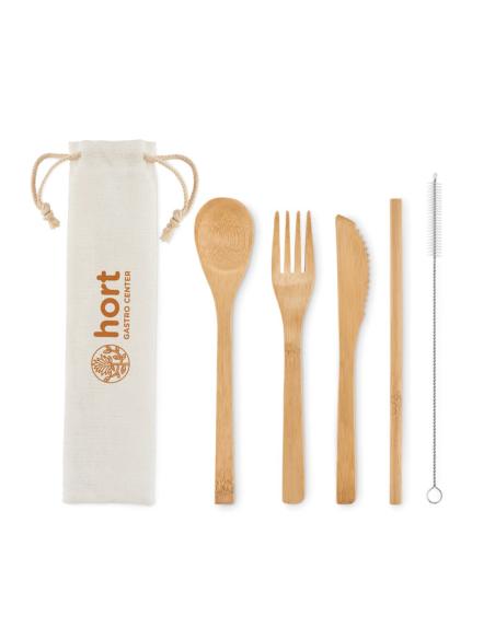 Set de cubiertos reutilizables de bambú Samobor con pajita PERSONALIZABLE
