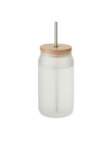 Tarro cocktail de cristal Toledo con tapa de bambú y pajita acero especial sublimación 400ml PERSONALIZABLE