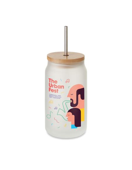Tarro cocktail de cristal Toledo con tapa de bambú y pajita acero especial sublimación 400ml PERSONALIZABLE