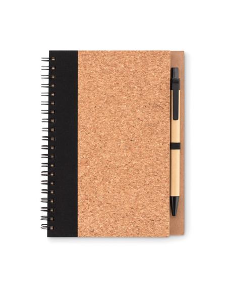 Libreta espiral de papel reciclado Burgos con tapa de corcho y boli de papel y PLA PERSONALIZABLE