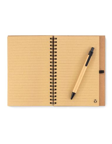 Libreta espiral de papel reciclado Burgos con tapa de corcho y boli de papel y PLA PERSONALIZABLE
