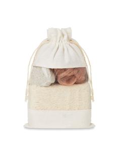 Set de baño Palembang con esponja, peeling y puff en bolsa de yute PERSONALIZABLE