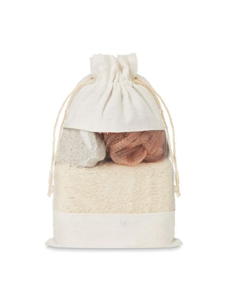 Set de baño Palembang con esponja, peeling y puff en bolsa de yute PERSONALIZABLE