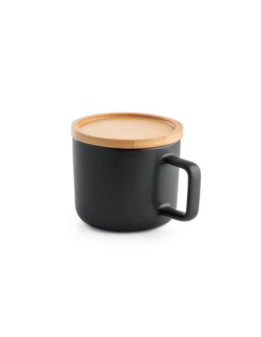 FANGIO. Taza de cerámica con tapa y base de bambú de 230 mL