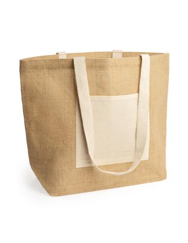 Bolsa de yute Güímar con bolsillo de algodón, fuelle y asas largas PERSONALIZABLE