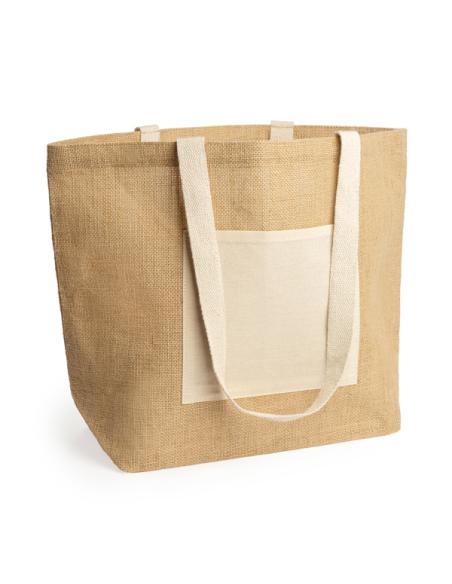 Bolsa de yute Güímar con bolsillo de algodón, fuelle y asas largas PERSONALIZABLE
