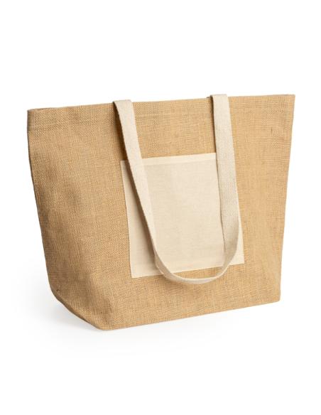 Bolsa de yute Güímar con bolsillo de algodón, fuelle y asas largas PERSONALIZABLE