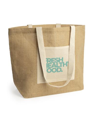 Bolsa de yute Güímar con bolsillo de algodón, fuelle y asas largas PERSONALIZABLE