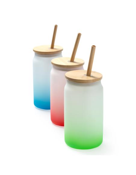 Tarro cocktail de cristal con tapa y pajita de bambú Garachico colores degradados 350ml PERSONALIZABLE