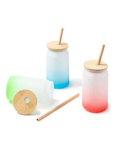 Tarro cocktail de cristal con tapa y pajita de bambú Garachico colores degradados 350ml PERSONALIZABLE