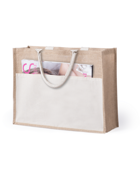 Bolsa de yute Torremolinos con bolsillo de algodón, fuelle y asas cortas PERSONALIZABLE