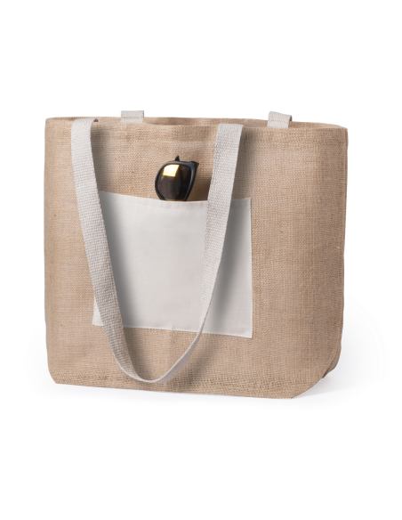 Bolsa Manila de yute y algodón con bolsillo frontal y asas largas natur PERSONALIZABLE