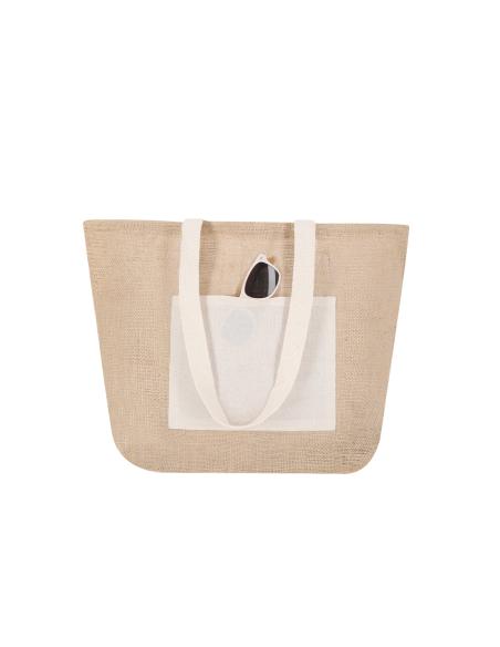 Bolsa Manila de yute y algodón con bolsillo frontal y asas largas natur PERSONALIZABLE