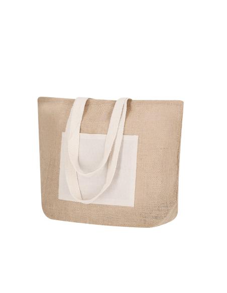 Bolsa Manila de yute y algodón con bolsillo frontal y asas largas natur PERSONALIZABLE