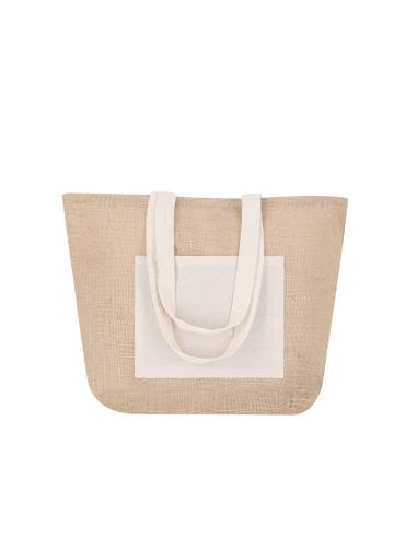 Bolsa Manila de yute y algodón con bolsillo frontal y asas largas natur PERSONALIZABLE