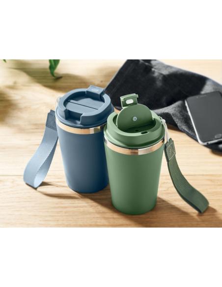 Vaso térmico de acero inoxidable reciclado y PP Podgorica con correa RPET 350ml PERSONALIZABLE