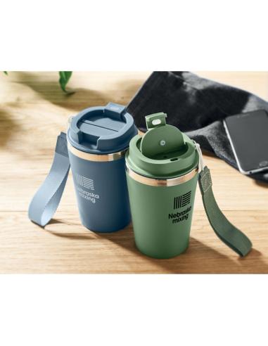Vaso térmico de acero inoxidable reciclado y PP Podgorica con correa RPET 350ml PERSONALIZABLE