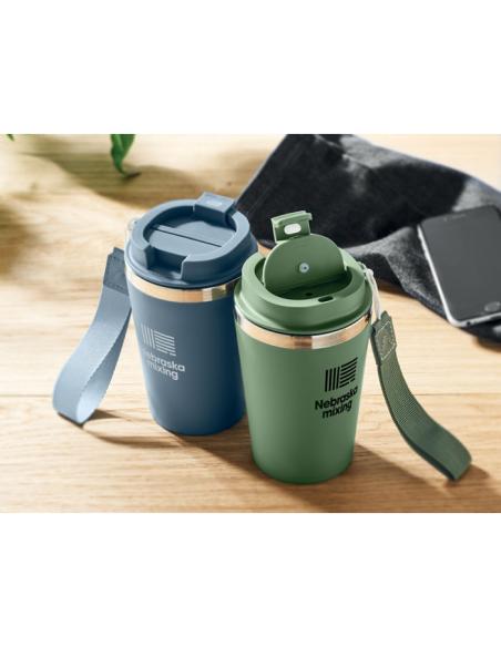 Vaso térmico de acero inoxidable reciclado y PP Podgorica con correa RPET 350ml PERSONALIZABLE
