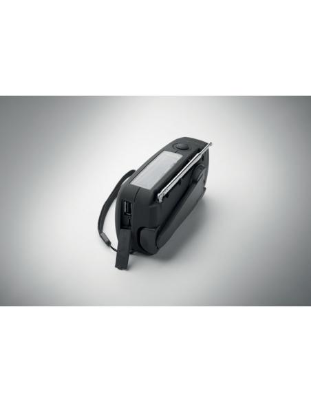 Radio portátil Bruges linterna LED con powerbank, dinamo y carga solar PESONALIZABLE