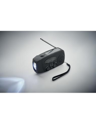 Radio portátil Bruges linterna LED con powerbank, dinamo y carga solar PESONALIZABLE