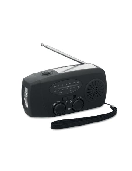 Radio portátil Bruges linterna LED con powerbank, dinamo y carga solar PESONALIZABLE