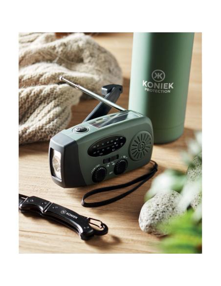 Radio portátil Bruges linterna LED con powerbank, dinamo y carga solar PESONALIZABLE