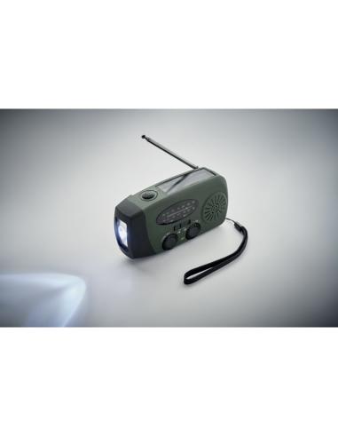 Radio portátil Bruges linterna LED con powerbank, dinamo y carga solar PESONALIZABLE