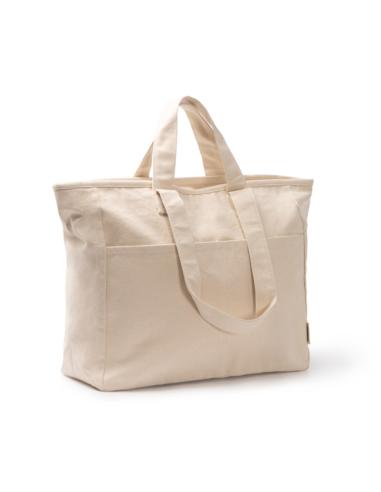 Bolsa de tela Las Playitas algodón reciclado 420g/m2 con fuelle, cierre de cremallera, doble asa y dos bolsillos PERSONALIZABLE