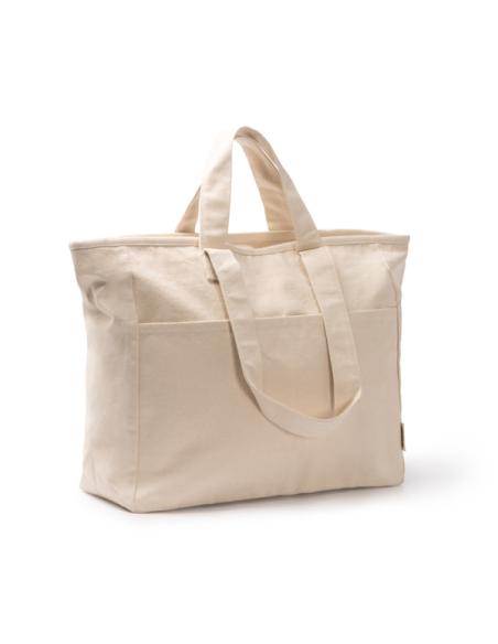 Bolsa de tela Las Playitas algodón reciclado 420g/m2 con fuelle, cierre de cremallera, doble asa y dos bolsillos PERSONALIZABLE