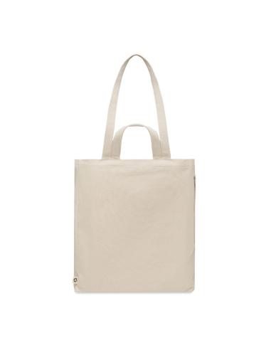 Bolsa de algodón reciclado y RPET 380g/m2 Pedraza beige doble asa, fuelle y bolsillo PERSONALIZABLE