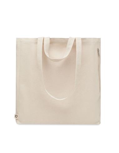 Bolsa de algodón reciclado y RPET 380g/m2 Pedraza beige doble asa, fuelle y bolsillo PERSONALIZABLE