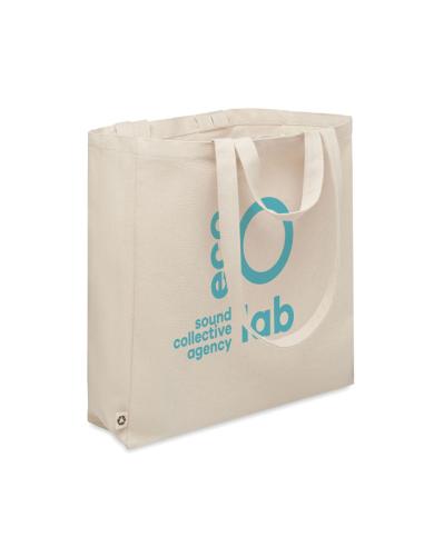 Bolsa de algodón reciclado y RPET 380g/m2 Pedraza beige doble asa, fuelle y bolsillo PERSONALIZABLE