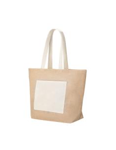 Bolsa Manila de yute y algodón con bolsillo frontal y asas largas natur PERSONALIZABLE 2